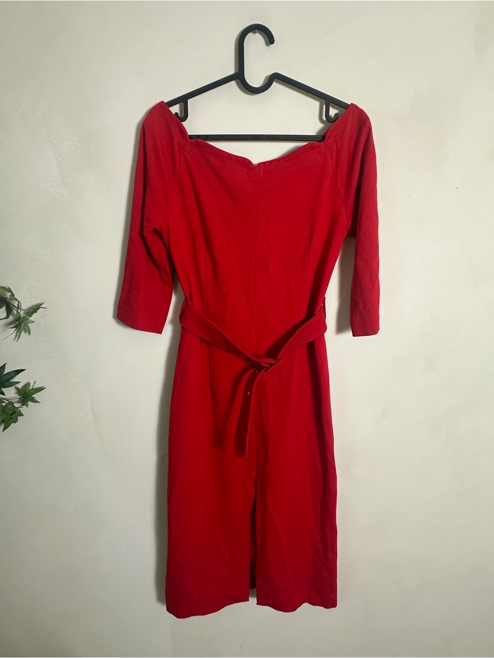 Meimeij Women's Red Belted Mini Dress with Three-Quarter Sleeves